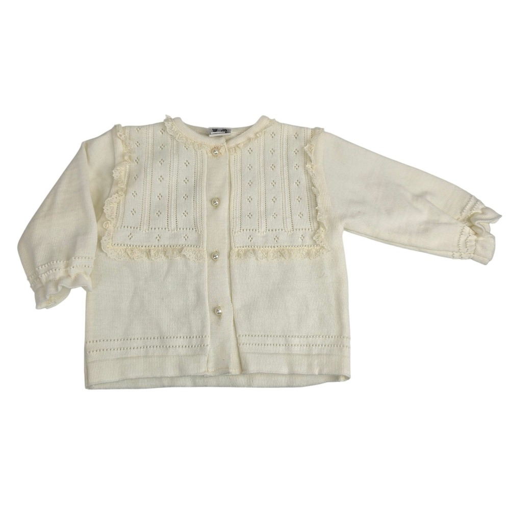 Vintage Sarah Louise England Baby Girls Cream Lace Trim Cardigan Sweater 3-6-9